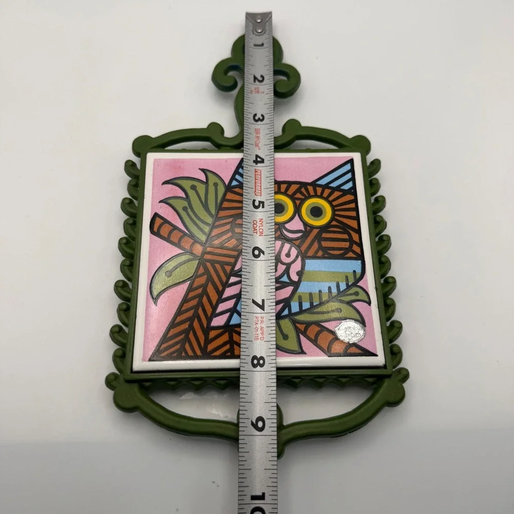 Vintage Enesco Hand Painted Owl Ceramic Tile Trivet Wall Hanging Japan Green MCM